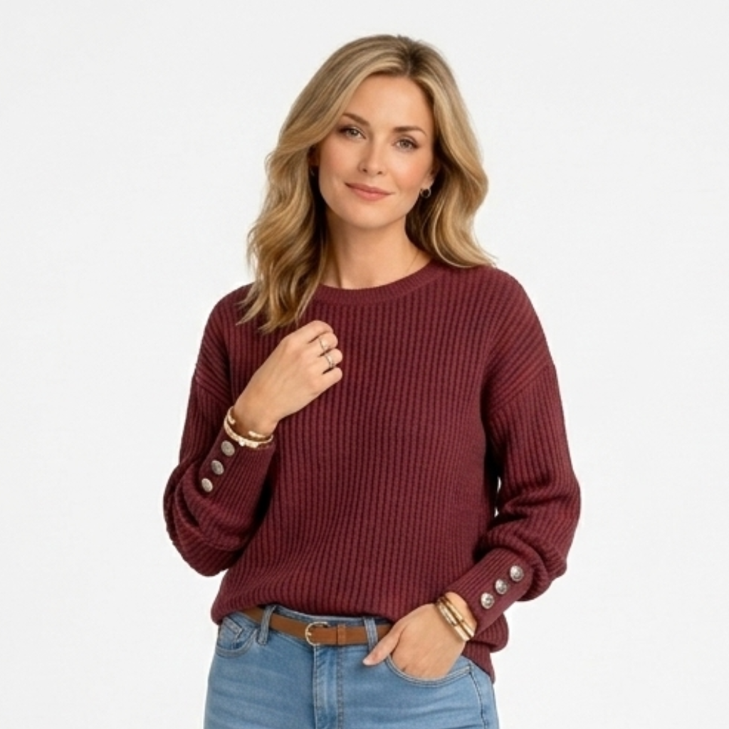 Women’s Ribbed Knit Jumper with Button Cuffs – Oversized Long Sleeve Sweater