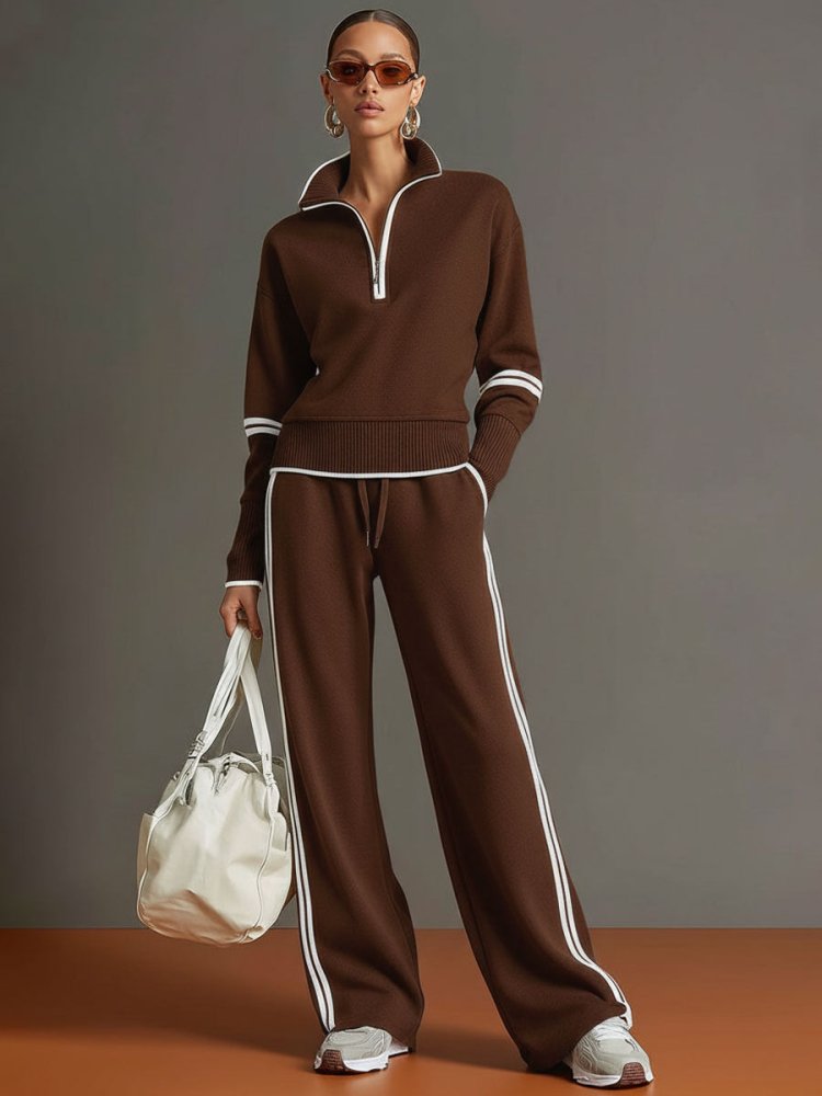 Women's Knit Half-Zip Lounge Set with Wide-Leg Trousers