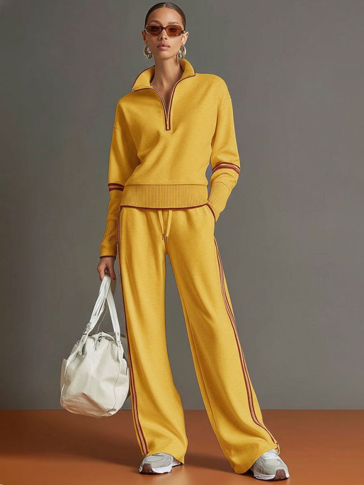 Women's Knit Half-Zip Lounge Set with Wide-Leg Trousers