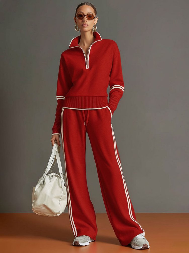 Women's Knit Half-Zip Lounge Set with Wide-Leg Trousers