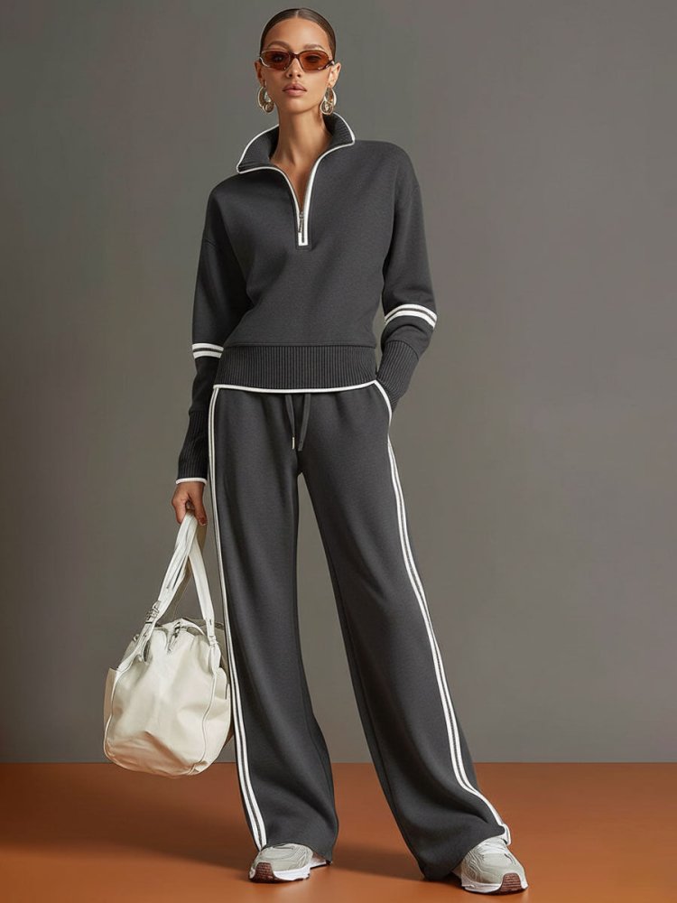 Women's Knit Half-Zip Lounge Set with Wide-Leg Trousers
