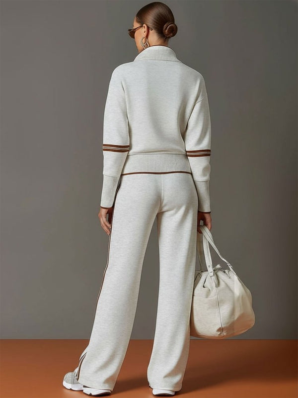 Women's Knit Half-Zip Lounge Set with Wide-Leg Trousers
