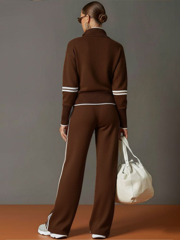 Women's Knit Half-Zip Lounge Set with Wide-Leg Trousers