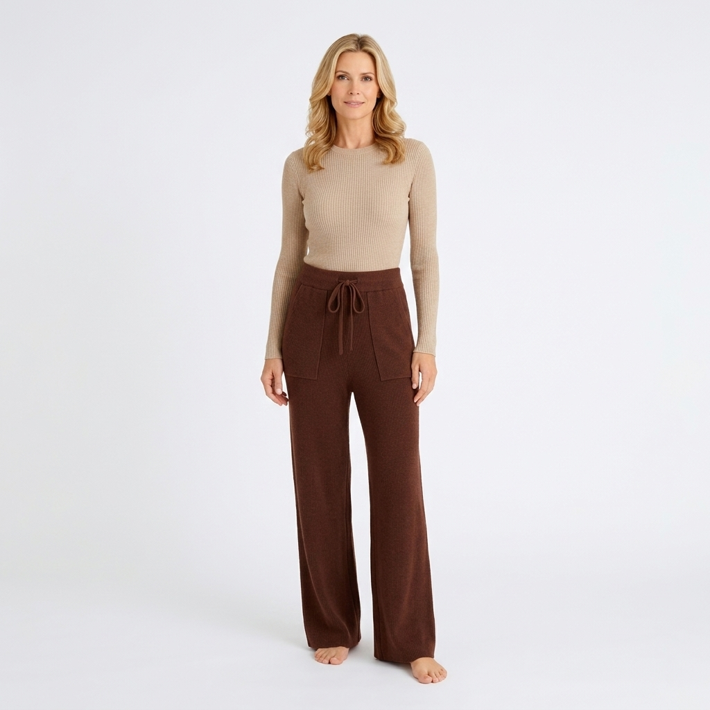 Women’s Ribbed Knit Wide Leg Trousers – High Waist Lounge Pants