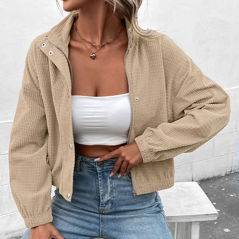 Women's Waffle Knit Snap-Button Stand Collar Jacket