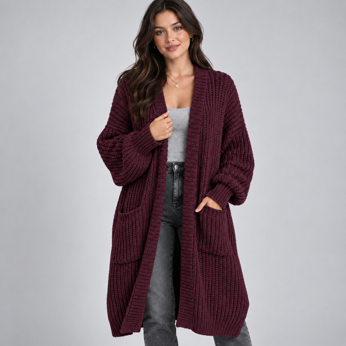 Women's Chunky Knit Longline Open-Front Cardigan