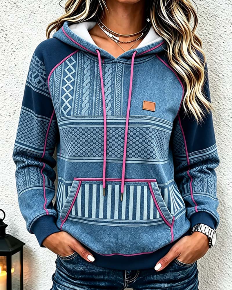 Women's Geometric Print Raglan Hoodie with Kangaroo Pocket