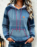 Women's Geometric Print Raglan Hoodie with Kangaroo Pocket