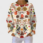 Women's Christmas Print Waffle Knit Long Sleeve Henley Top