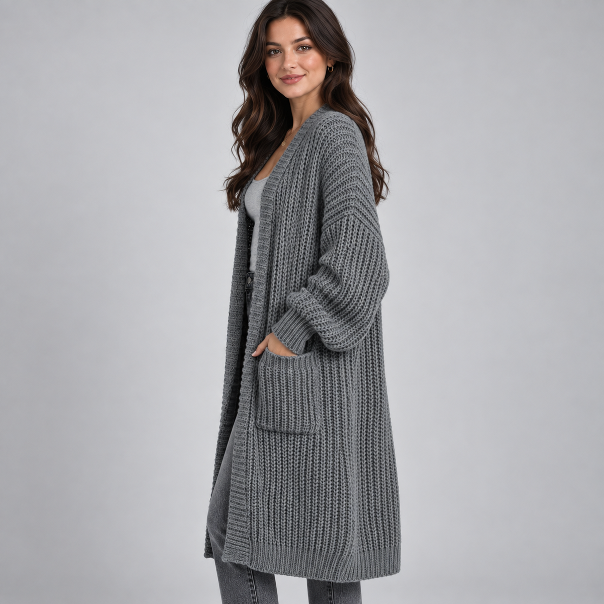 Women's Chunky Knit Longline Open-Front Cardigan