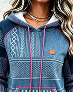 Women's Geometric Print Raglan Hoodie with Kangaroo Pocket