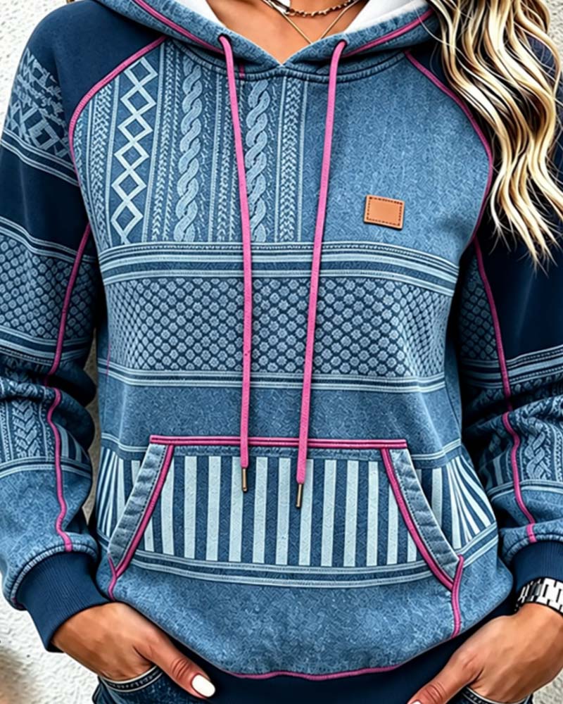 Women's Geometric Print Raglan Hoodie with Kangaroo Pocket