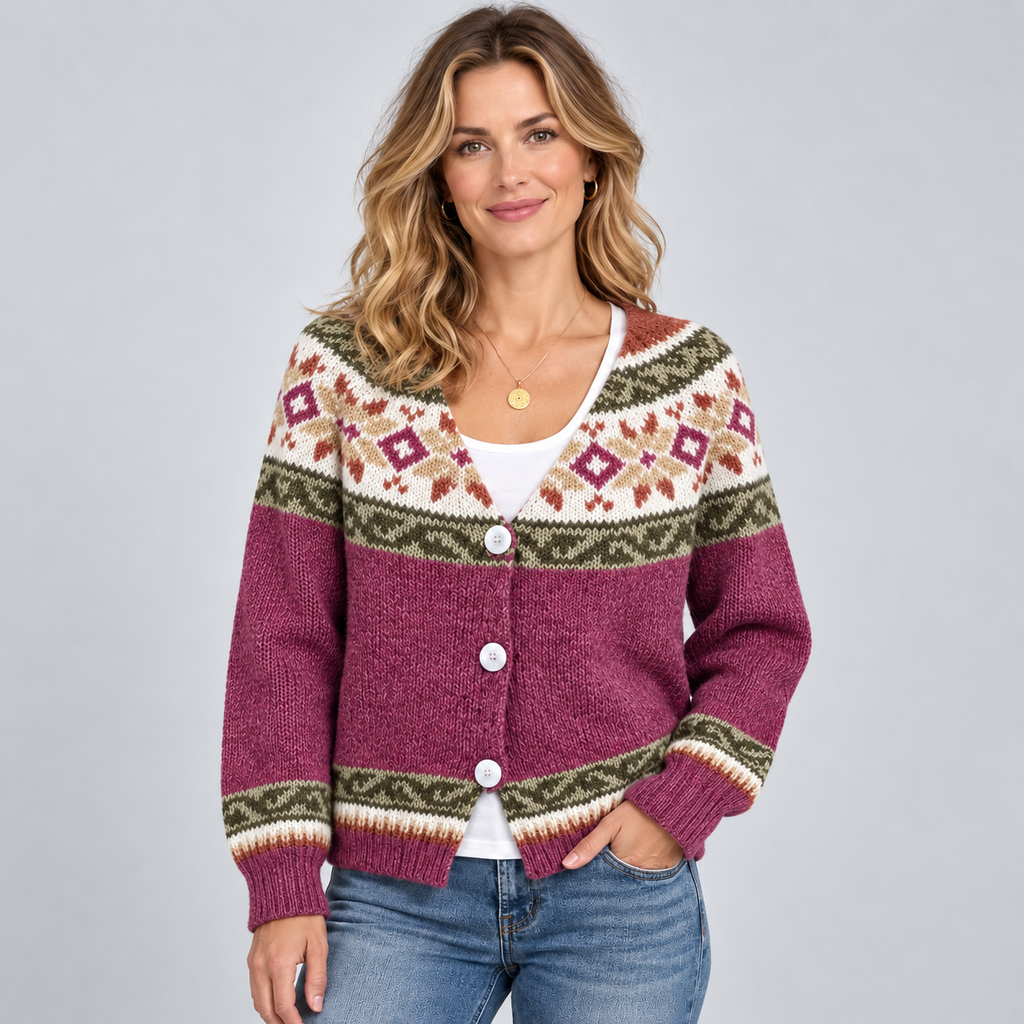 Women's Fair Isle Yoke V-Neck Button Cardigan