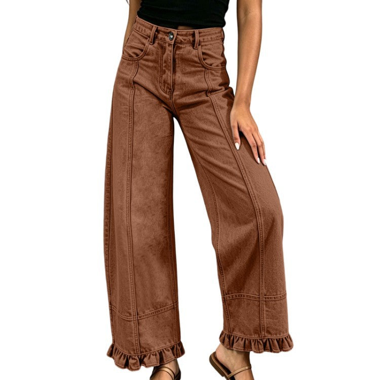 Women's High-Waisted Wide-Leg Jeans with Ruffle Hem