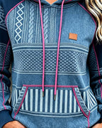 Women's Geometric Print Raglan Hoodie with Kangaroo Pocket