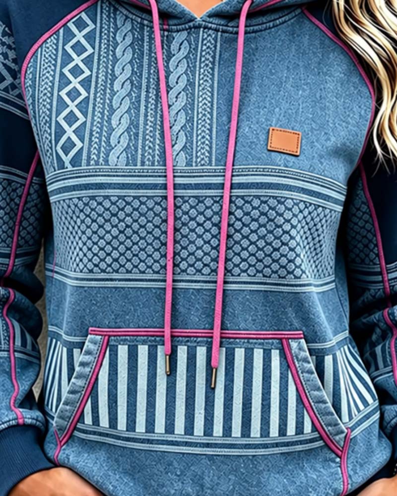 Women's Geometric Print Raglan Hoodie with Kangaroo Pocket