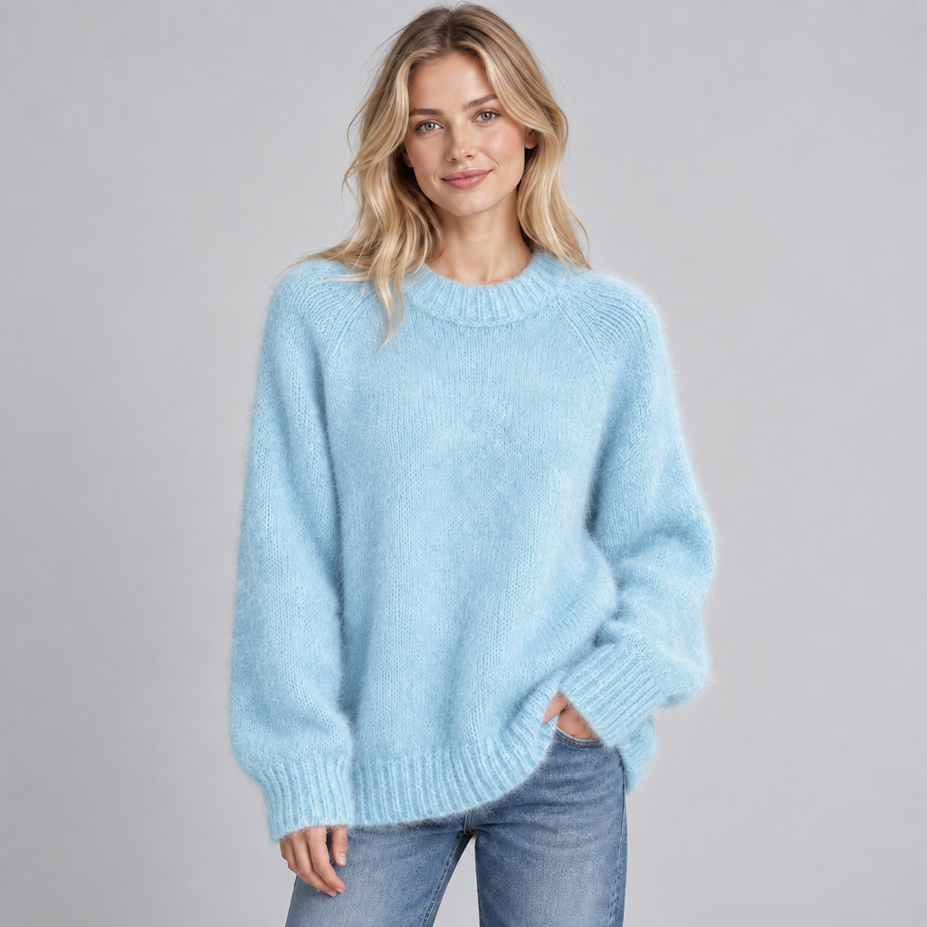 Women's Oversized Fluffy Knit Raglan Crew Neck Sweater