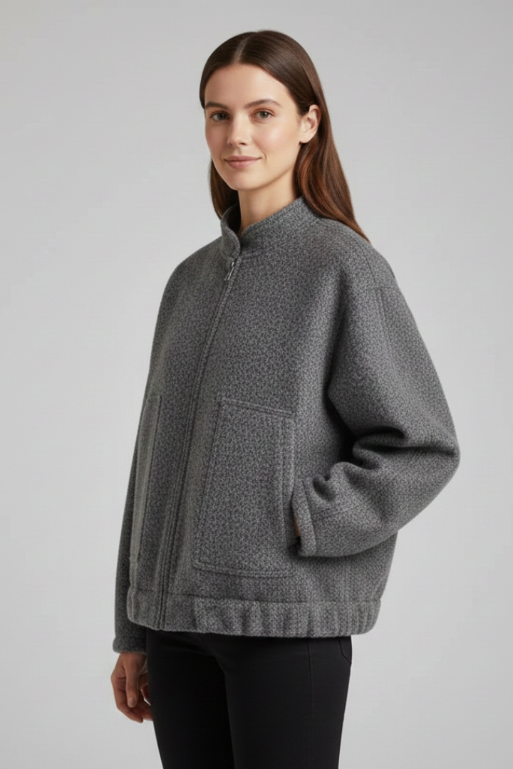 Women's Oversized Textured Bomber Jacket with Stand Collar