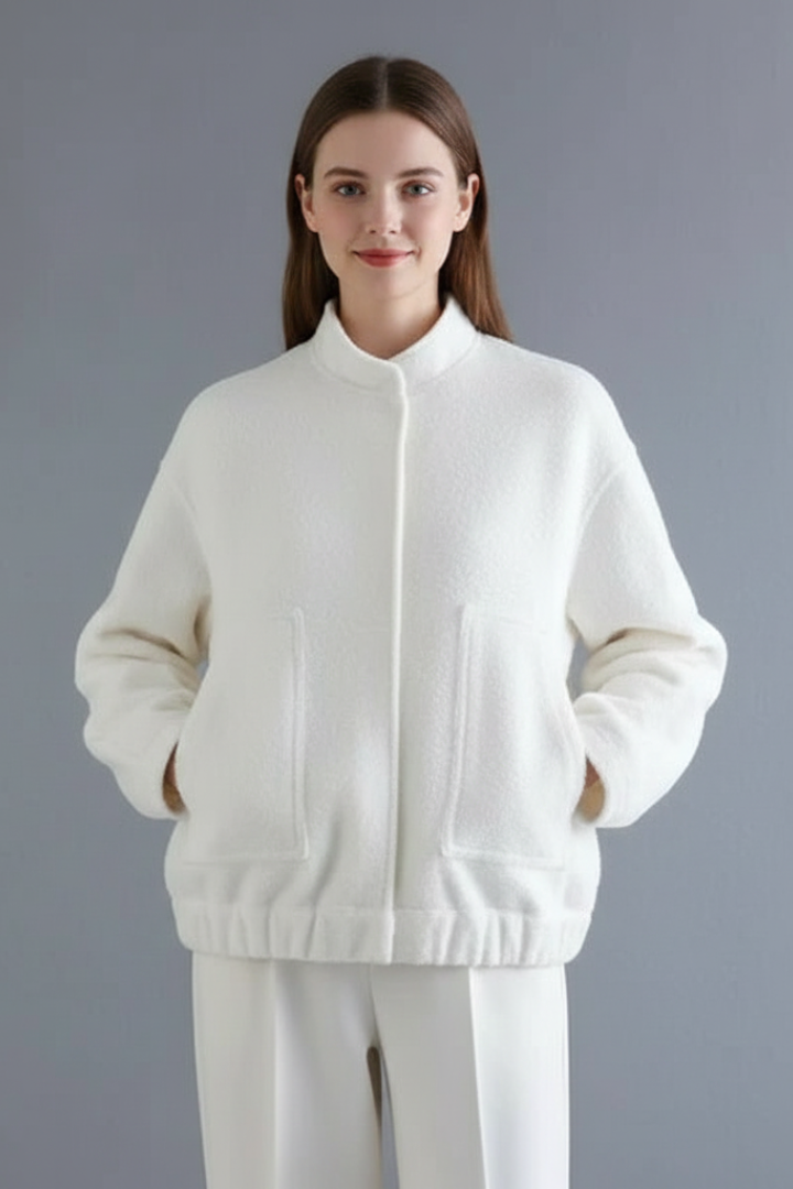 Women's Oversized Textured Bomber Jacket with Stand Collar