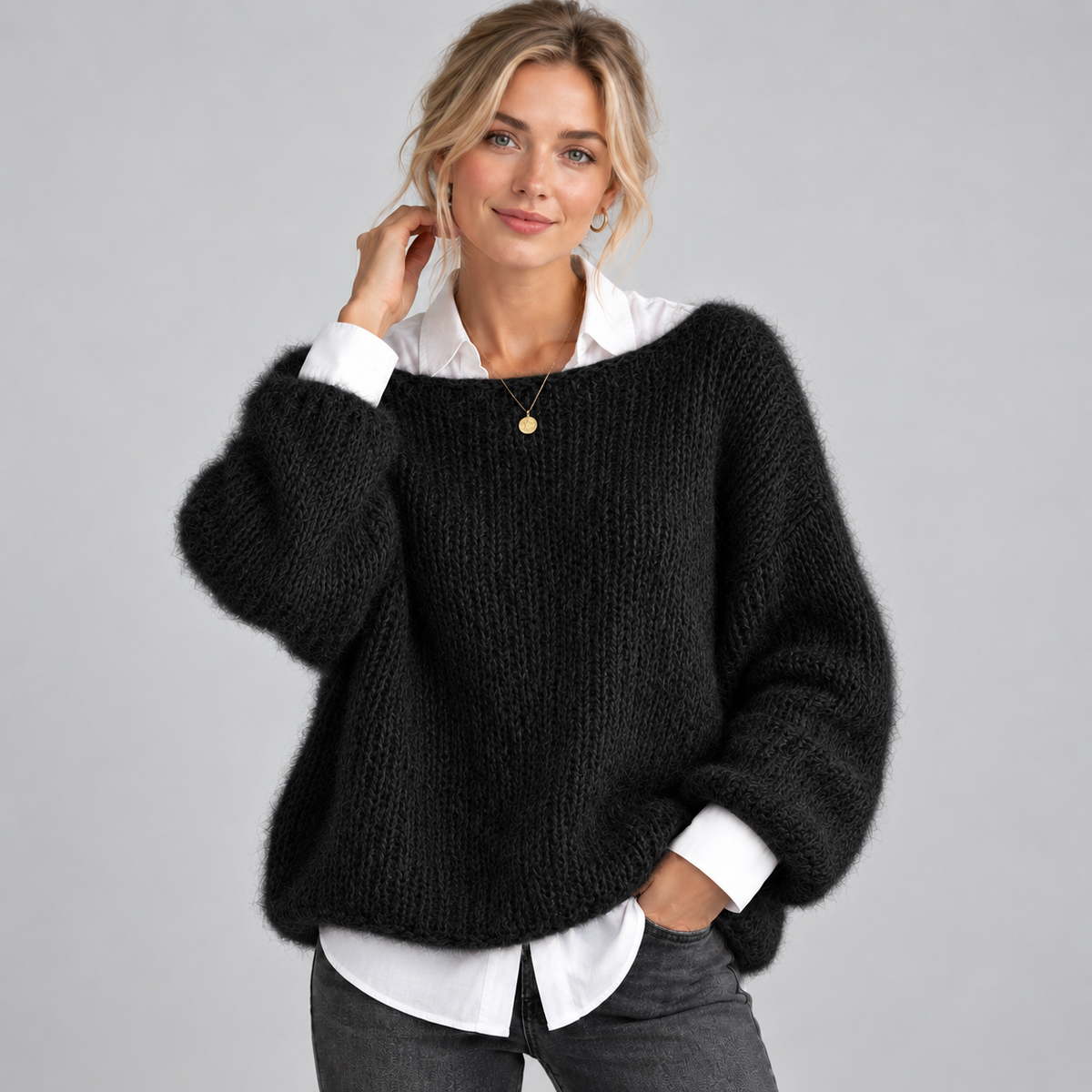 Women's Chunky Fluffy Knit Boat Neck Sweater