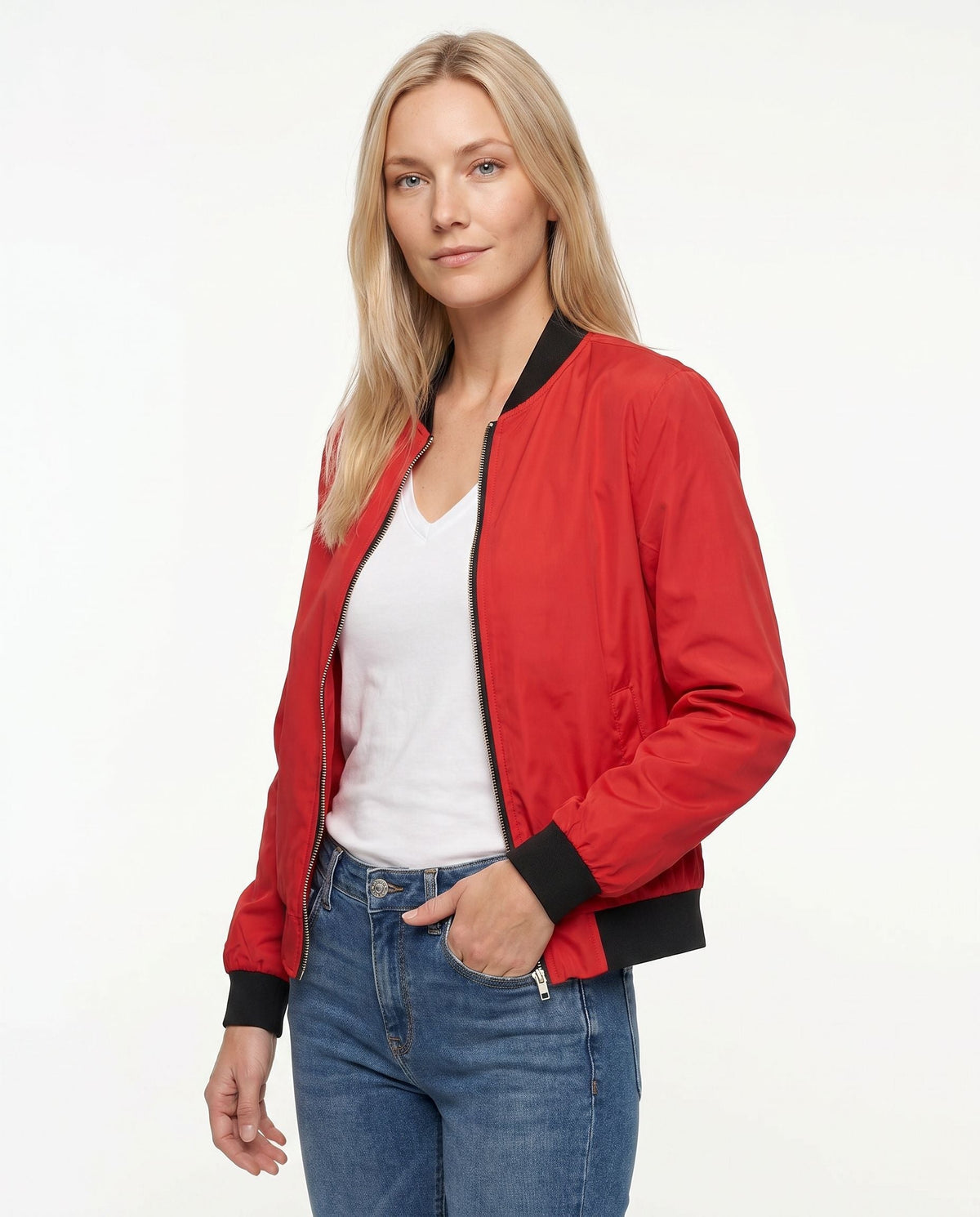 Women's Classic Zip-Up Bomber Jacket with Sleeve Pocket