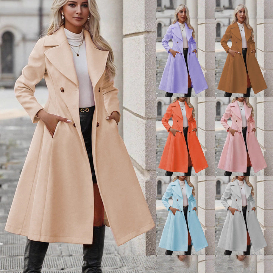 Women's Tailored Double-Breasted Maxi Coat with Wide Lapels