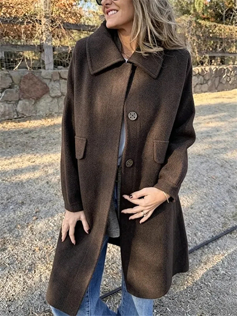 Women's Relaxed Single-Breasted Longline Coat with Wide Collar