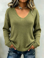 Women's Relaxed Drop Shoulder V-Neck Knit Sweater