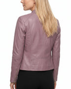 Women's Faux Leather Racer Jacket with Snap Collar