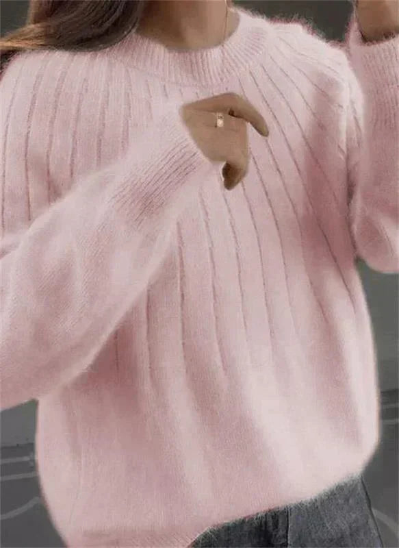 Women's Relaxed Fuzzy Ribbed Knit Round Neck Sweater