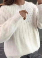 Women's Relaxed Fuzzy Ribbed Knit Round Neck Sweater