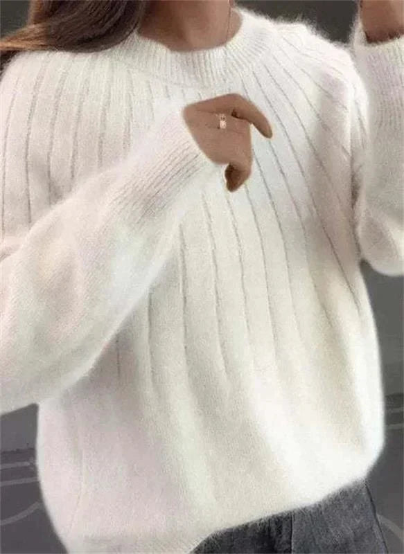 Women's Relaxed Fuzzy Ribbed Knit Round Neck Sweater