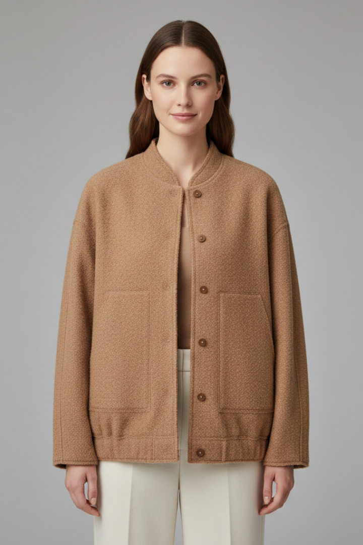 Women's Oversized Textured Bomber Jacket with Stand Collar