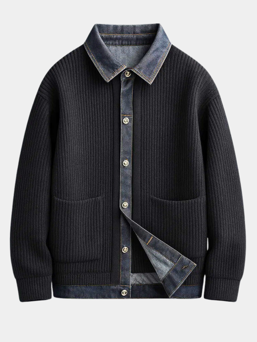Men's Ribbed Knit Cardigan Jacket with Denim Trim