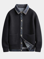 Men's Ribbed Knit Cardigan Jacket with Denim Trim