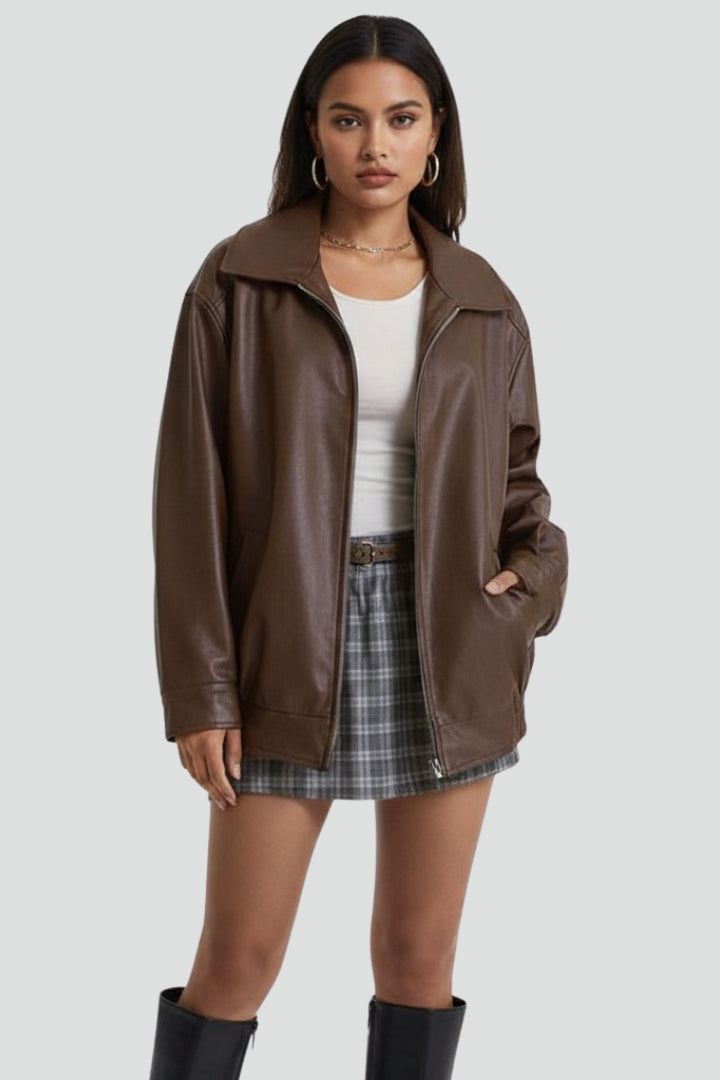 Women's Faux Leather Collared Zip-Up Bomber Jacket