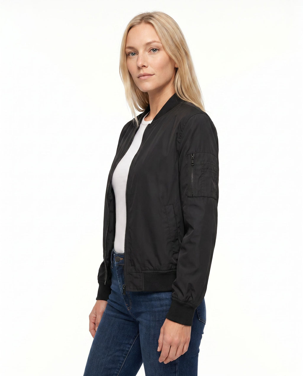 Women's Classic Zip-Up Bomber Jacket with Sleeve Pocket