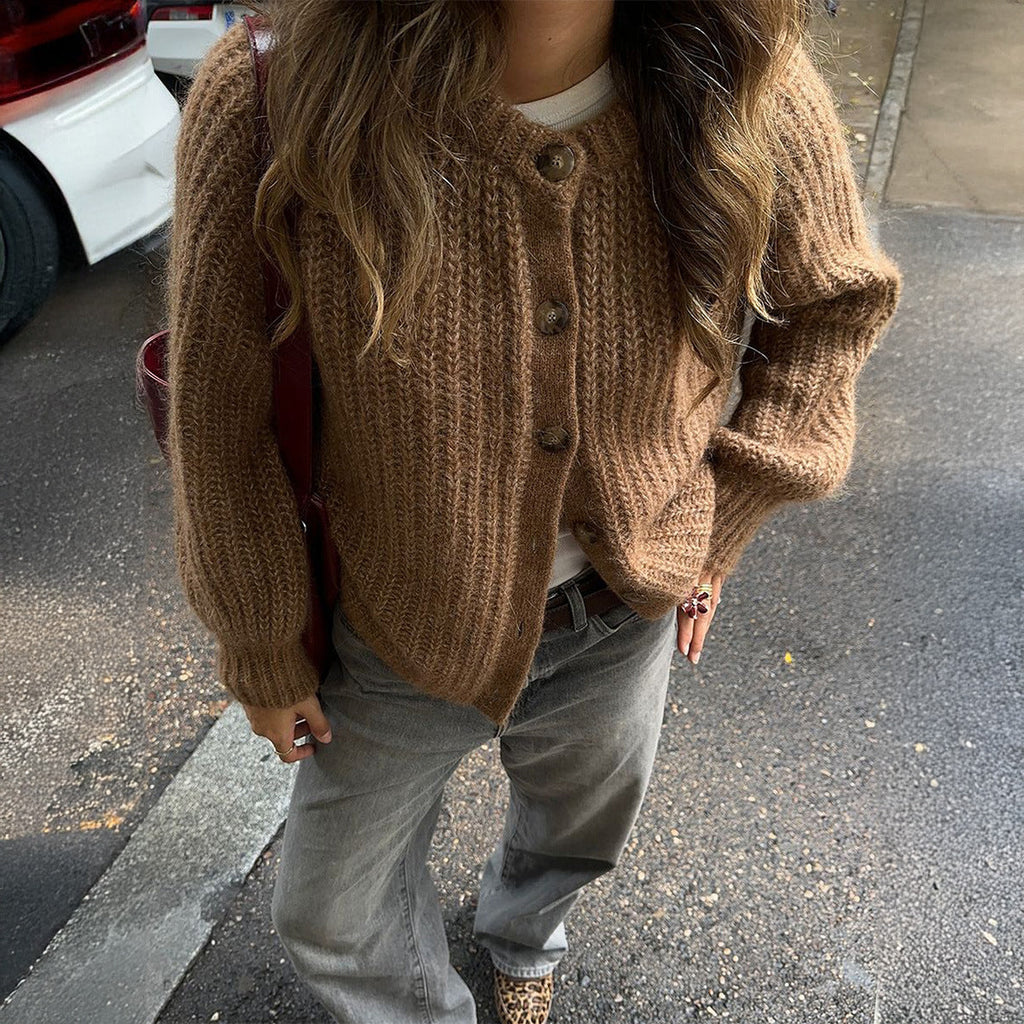 Women's Chunky Ribbed Knit Round Neck Button Cardigan