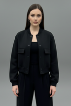 Women's Cropped Snap-Button Bomber Jacket with Flap Pockets