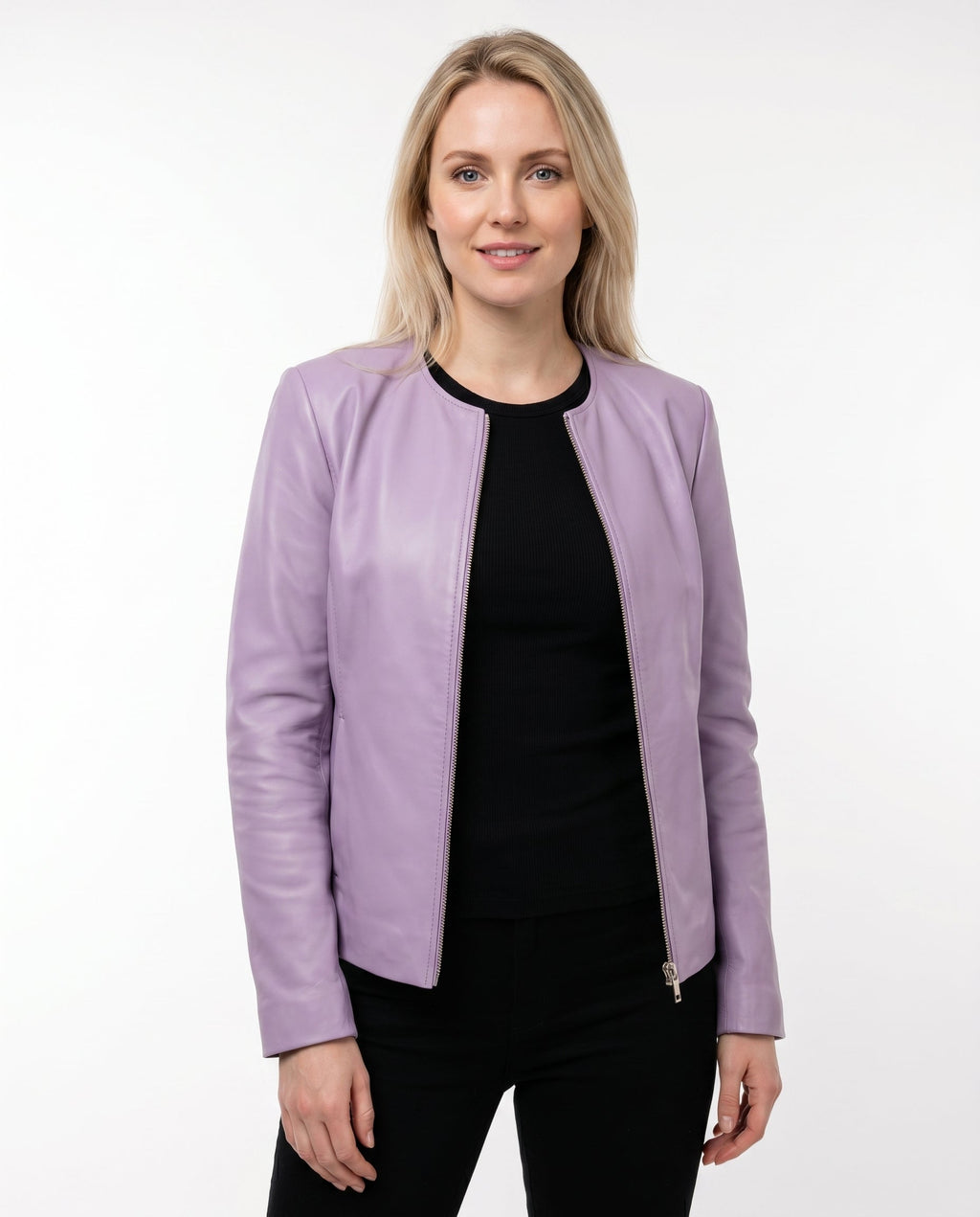 Women's Faux Leather Racer Jacket with Snap Collar
