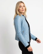 Women's Faux Leather Racer Jacket with Snap Collar