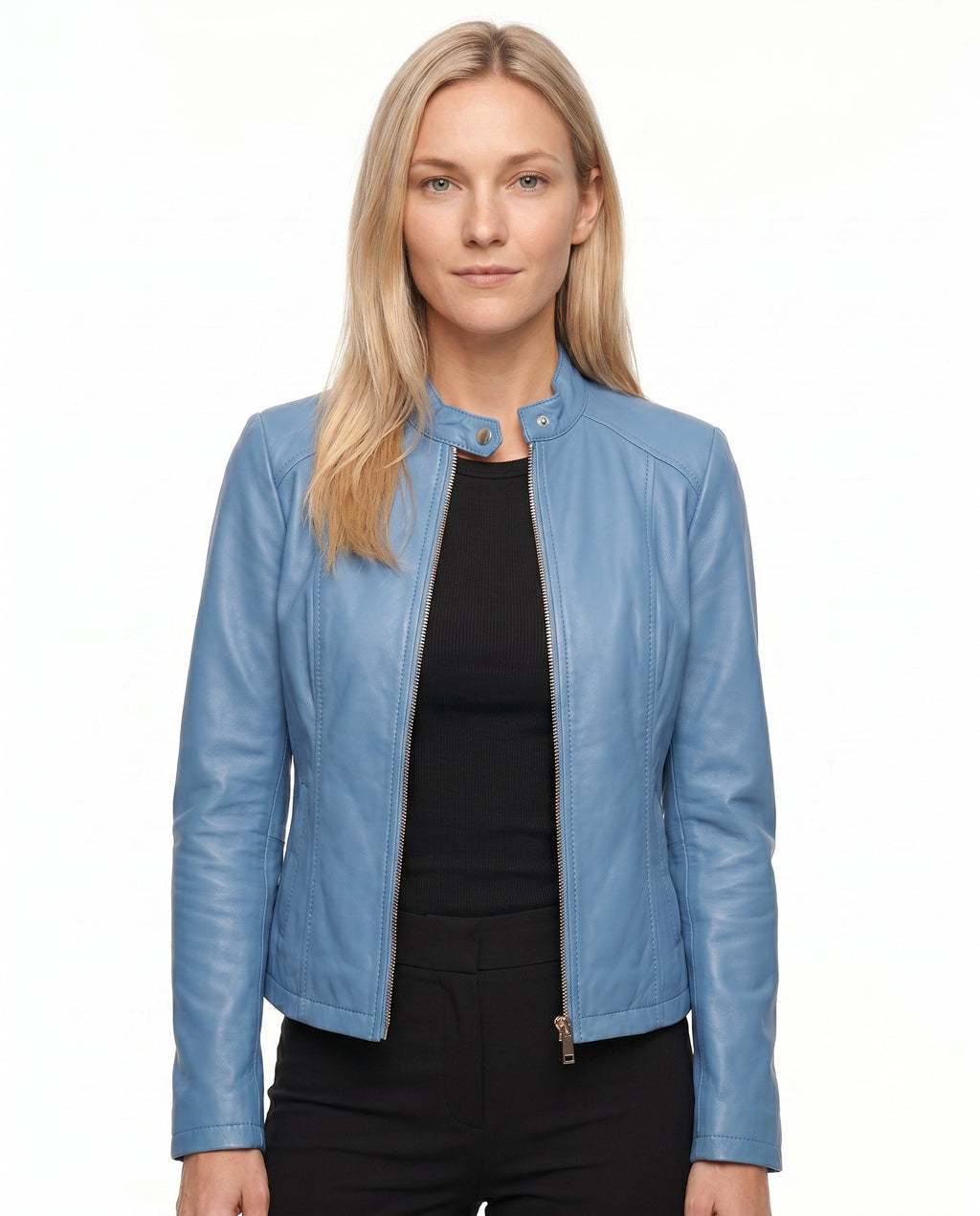 Women's Faux Leather Racer Jacket with Snap Collar