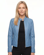 Women's Faux Leather Racer Jacket with Snap Collar