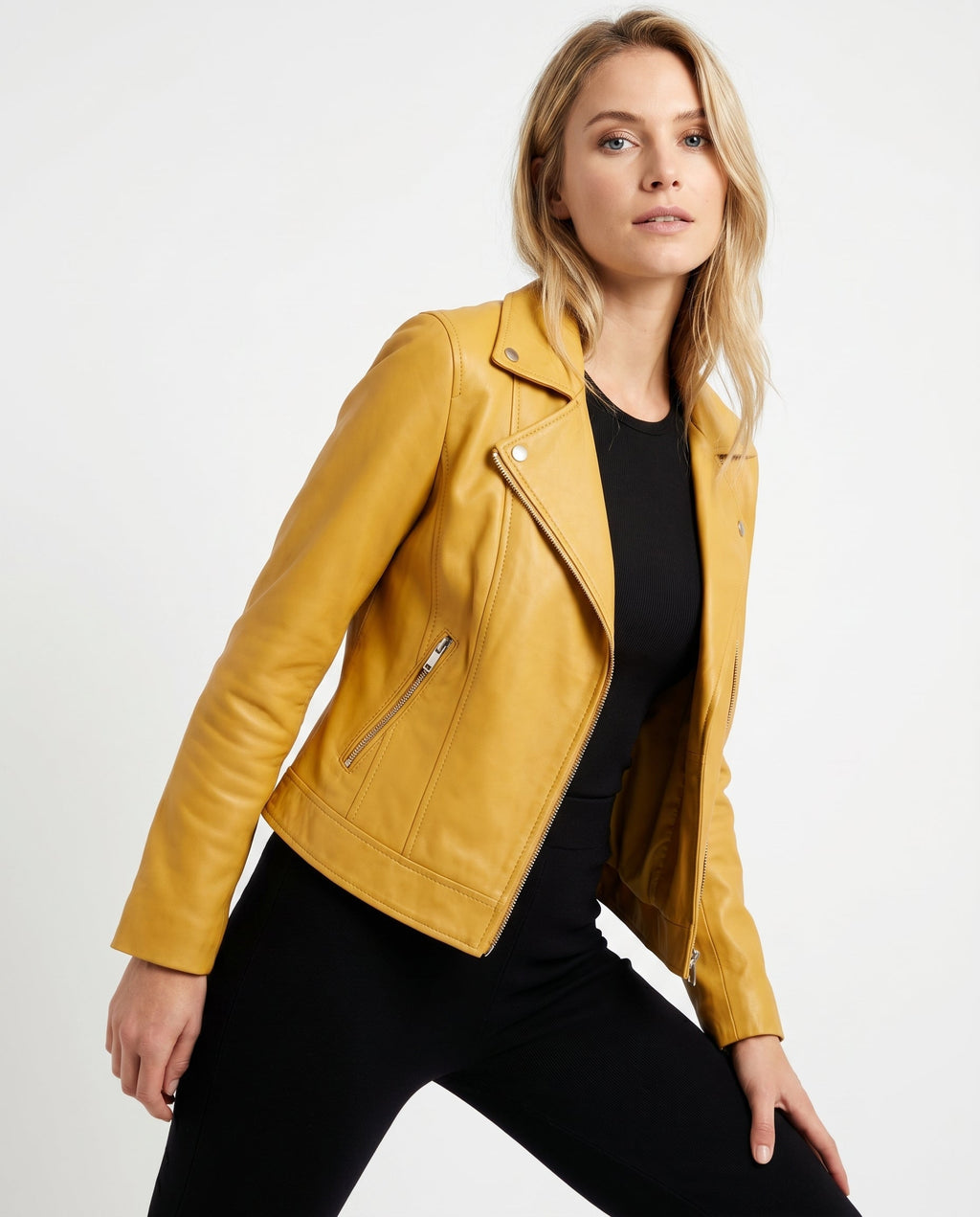 Women's Faux Leather Racer Jacket with Snap Collar