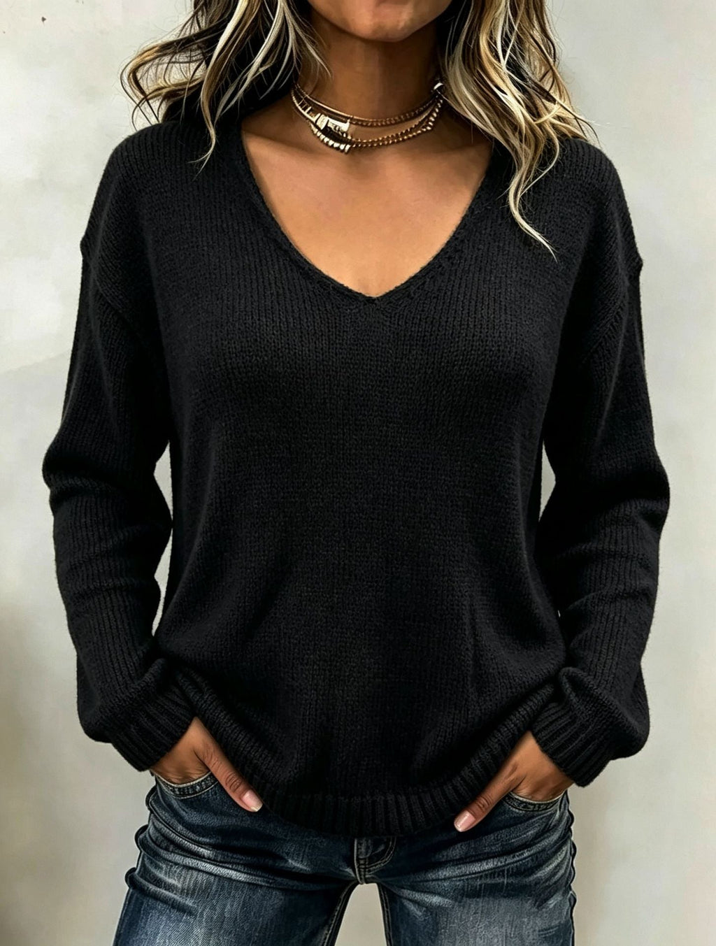 Women's Relaxed Drop Shoulder V-Neck Knit Sweater