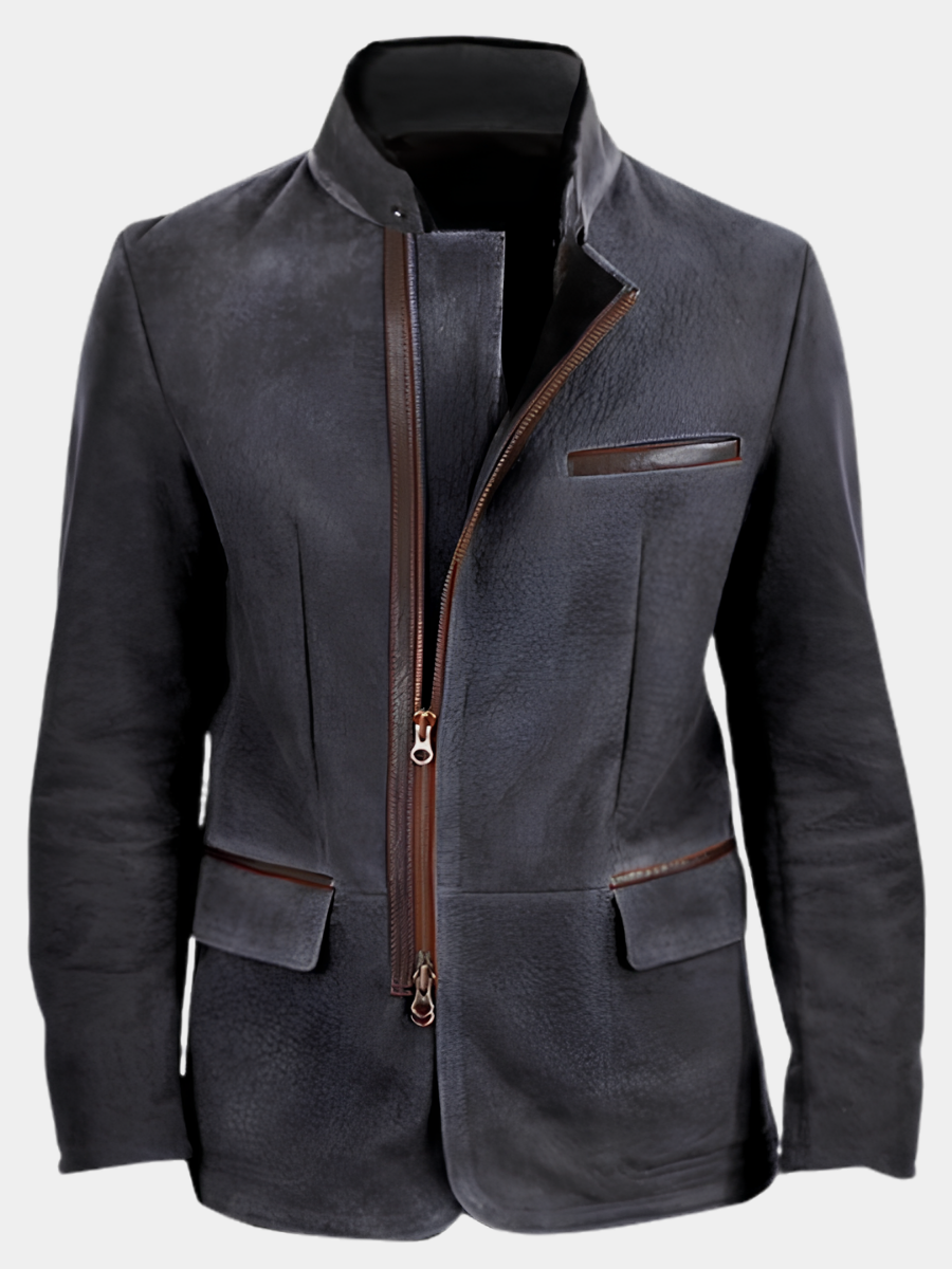 Men's Faux Suede Stand Collar Zip Blazer Jacket