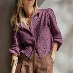 Women's Eyelet Embroidered Balloon Sleeve Button-Up Blouse