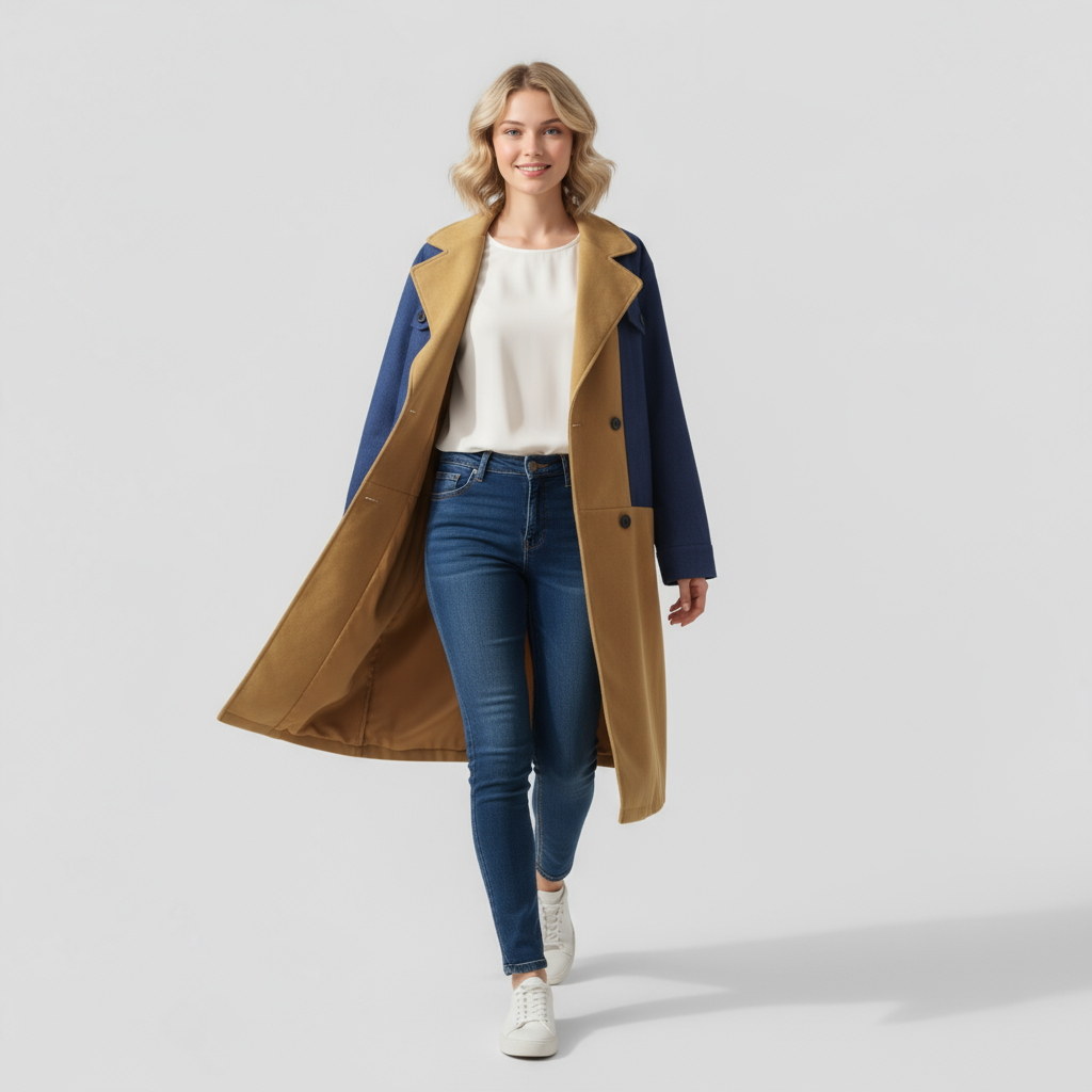 Women's Colour Block Longline Coat with Notch Lapel
