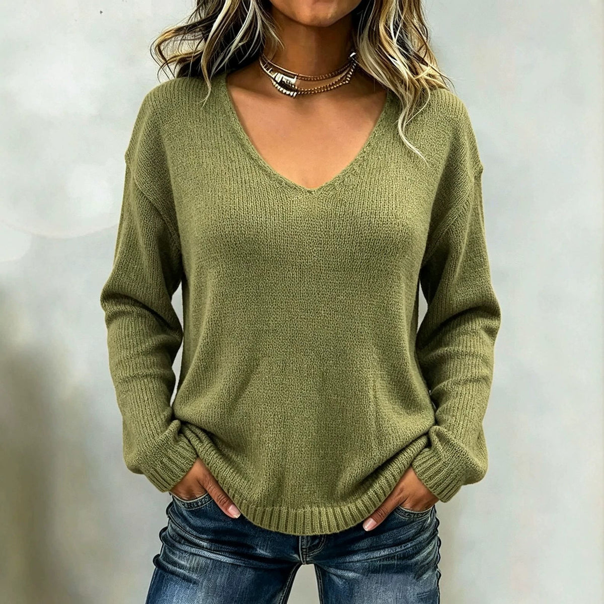 Women's Relaxed Drop Shoulder V-Neck Knit Sweater
