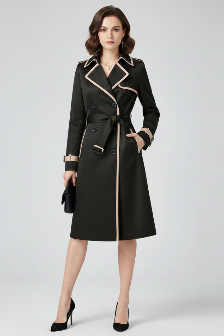 Women's Double-Breasted Belted Trench Coat with Contrast Trim